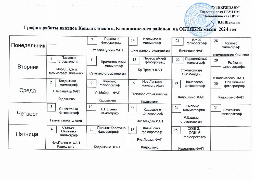 График работы выездов Ковылкинского, Кадошкинского районов на октябрь 2024 г.